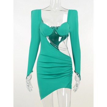 Diamond Chain Hollow Out Full Sleeve Mini Dress For Women Fashion Green Backless Ruched Dress
